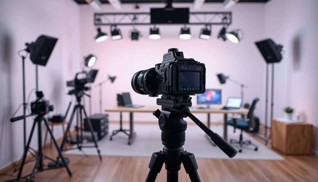 A sleek, modern YouTube studio setup with professional equipment and video production tools. In the foreground, a high-quality camera on a tripod, capturing the essence of content creation. In the middle, a well-lit workspace with a desk, computer, and various accessories like microphones, lighting, and editing software. The background features a minimalist, clean-lined set design with neutral tones, allowing the subject matter to take center stage. The overall atmosphere exudes a sense of creativity, efficiency, and strategic focus, perfectly encapsulating the concept of a "YouTube Content Strategy."