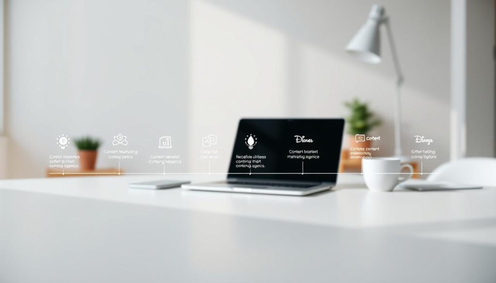 A sleek, modern content marketing agency timeline depicted as a minimalist infographic. In the foreground, a clean timeline graphic with distinctive milestones and icons representing the various stages of the agency's growth. The middle ground features a minimalist desk scene with a laptop, mug, and other office supplies, hinting at the day-to-day operations of the agency. The background is a serene, slightly out-of-focus workspace with neutral tones and clean lines, creating a professional, streamlined atmosphere. Soft, directional lighting from the side casts gentle shadows and highlights the minimalist design elements. The overall mood is one of efficiency, organization, and a focus on delivering high-quality content marketing services.