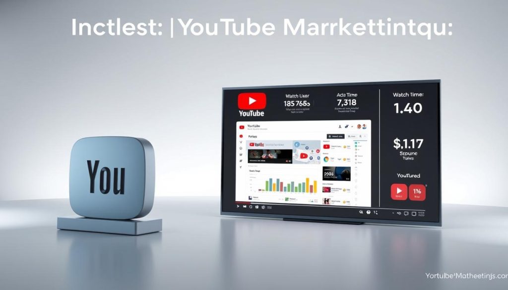 A sleek, modern infographic showcasing the latest YouTube marketing statistics. The foreground features a stylized YouTube logo with data visualizations and charts displaying key metrics, such as active users, watch time, and advertising revenue. The middle ground shows a minimalist mockup of a YouTube video player interface, with the analytics dashboard open. The background has a subtle gradient effect, creating a clean and professional atmosphere. Soft studio lighting highlights the infographic elements, with a slightly elevated camera angle to provide an engaging perspective. The overall aesthetic conveys the power and impact of YouTube as a powerful marketing platform.