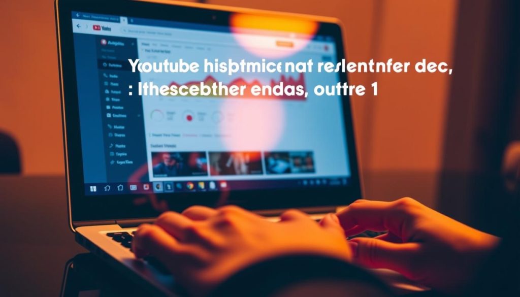 A sleek, modern laptop with a YouTube analytics dashboard displayed on the screen, illuminated by warm, directional lighting. In the foreground, a pair of hands type on the keyboard, with a subtle reflection of the screen visible. The background is blurred, creating a sense of depth and focus on the central elements. The overall scene conveys the idea of optimizing YouTube content for search engine visibility and performance.
