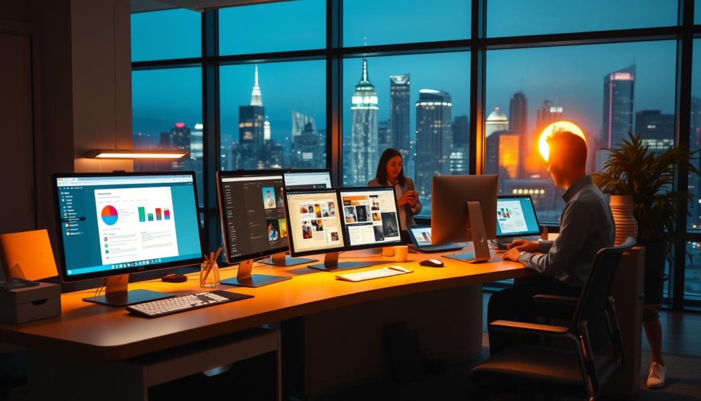 A sleek, modern office interior with a prominent desk featuring various content marketing automation tools and software running on multiple computer screens. The desk is bathed in warm, directional lighting, creating a productive and focused atmosphere. In the mid-ground, a team of marketing professionals collaborates on a content strategy, their faces illuminated by the glow of their devices. The background features a large window overlooking a bustling city skyline, symbolizing the global reach and impact of content marketing automation. The overall scene conveys a sense of efficiency, innovation, and the transformative power of automated content marketing.