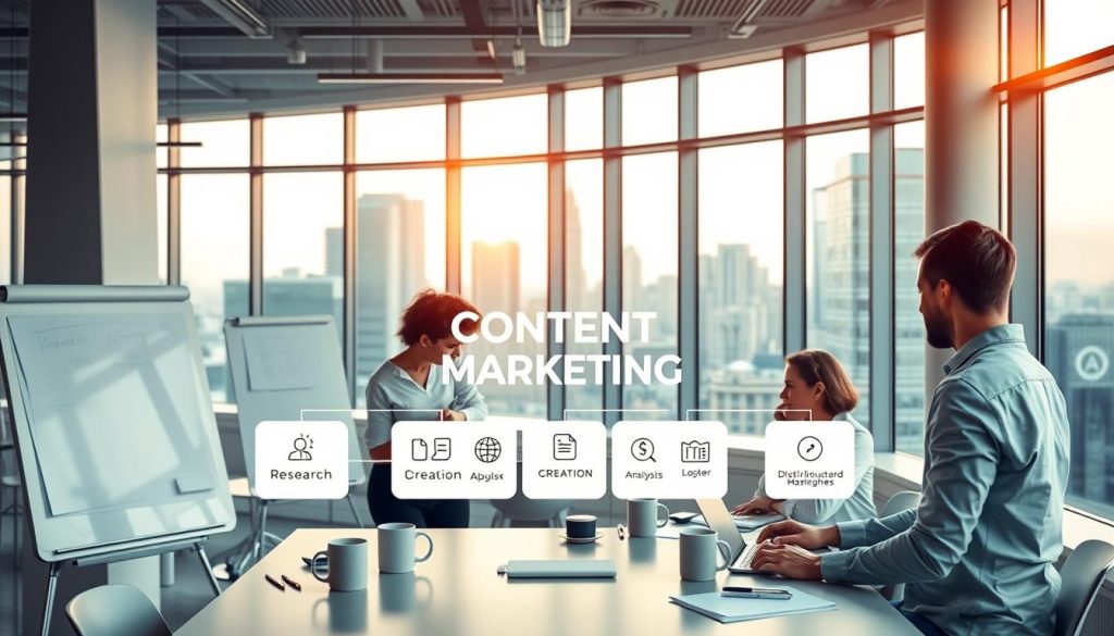 A sleek, modern office interior with clean lines and minimalist design. In the foreground, a team of professionals collaborating on a content marketing strategy, surrounded by whiteboards, laptops, and coffee mugs. In the middle ground, a visual representation of the content marketing process, including research, ideation, creation, distribution, and analysis, depicted through intuitive icons and infographics. The background features floor-to-ceiling windows overlooking a bustling city skyline, bathed in warm, natural lighting that casts a professional, productive atmosphere. The overall scene conveys a sense of efficiency, innovation, and a well-defined content marketing workflow.