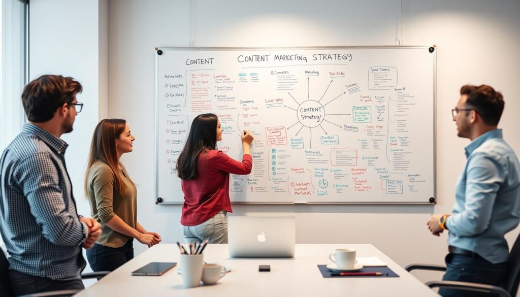A sleek, modern office setting with a large wall-mounted whiteboard prominently displayed. On the whiteboard, a detailed visual roadmap of a content marketing strategy unfolds, featuring colorful diagrams, mind maps, and bullet points. The foreground showcases a team of professionals in casual attire, collaboratively brainstorming and sketching ideas onto the whiteboard, their expressions focused and engaged. The middle ground features a desk with a laptop, coffee mug, and other office supplies, creating a sense of a dynamic, productive workspace. The background is softly blurred, suggesting a minimalist, well-lit environment that allows the content marketing strategy to take center stage. The overall mood is one of strategic planning, innovation, and a collaborative approach to effective content marketing.