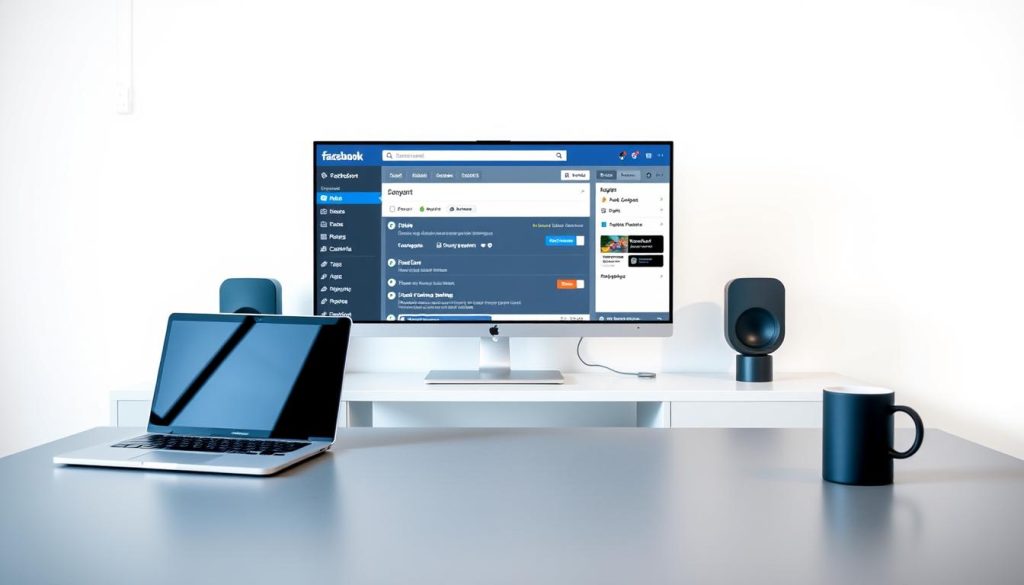 A sleek, modern office setup with a clean, minimalist aesthetic. In the foreground, a gray desk with a laptop, mouse, and a cup of coffee. On the desk, a subtle Facebook logo, hinting at the topic of the image. The middle ground features a large monitor displaying the Facebook Ads Manager interface, showcasing the various tools and settings for setting up an ads account. The background is a simple, light-colored wall, creating a bright and professional atmosphere. Soft, directional lighting casts subtle shadows, adding depth and dimensionality to the scene. The overall mood is one of focus, productivity, and a sense of strategic planning for successful Facebook advertising.