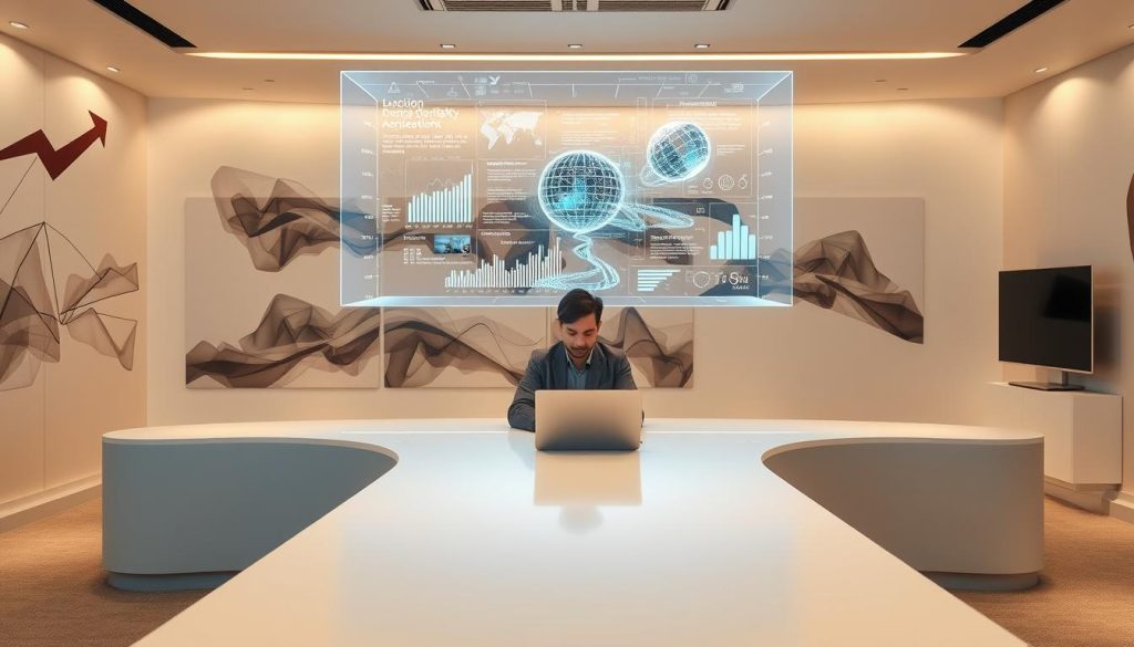 A sleek, modern office space with a large, curved desk. In the foreground, a person in a casual business attire sits in front of a laptop, focused on their work. Behind them, a giant holographic display floats, showcasing a dynamic visualization of data and insights. The walls are adorned with abstract digital art, giving the scene a futuristic and innovative ambiance. Soft, warm lighting creates a productive and creative atmosphere. The scene conveys the power of AI-driven content creation, where human expertise and technological prowess seamlessly converge.