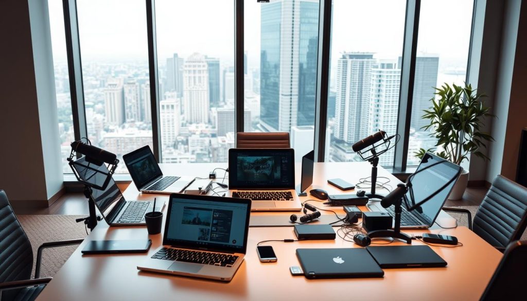 A sleek, modern office space with a large desk featuring an array of content marketing technology - laptops, tablets, smartphones, microphones, and other digital tools. The lighting is soft and diffused, creating a warm, productive atmosphere. In the background, a large window overlooks a bustling cityscape, symbolizing the connection between technology and the world of real estate investing. The overall scene conveys the idea of leveraging cutting-edge tools to enhance and streamline content marketing strategies for maximum impact and return on investment.