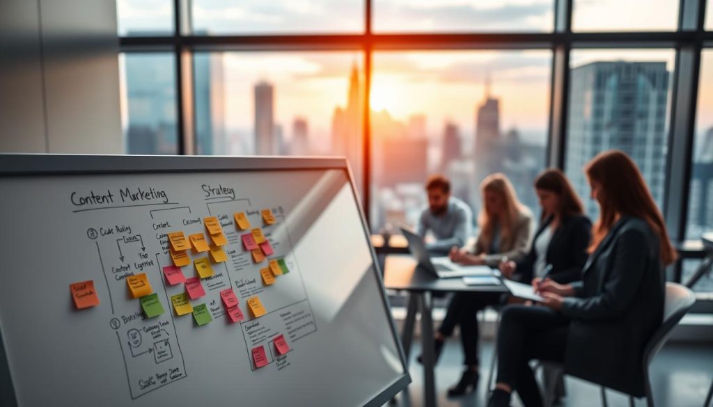 A sleek, modern office space with a large window overlooking a bustling city skyline. In the foreground, a whiteboard displays a meticulously planned content marketing strategy, with colorful sticky notes and diagrams. In the middle ground, a team of creatives collaborates intently, their laptops and notepads reflecting the warm, focused lighting. The background is a blur of activity, suggesting the broader scope of the organization's marketing efforts. The overall scene conveys a sense of strategic focus, creativity, and synergy - the key elements of a successful content marketing creative strategy.