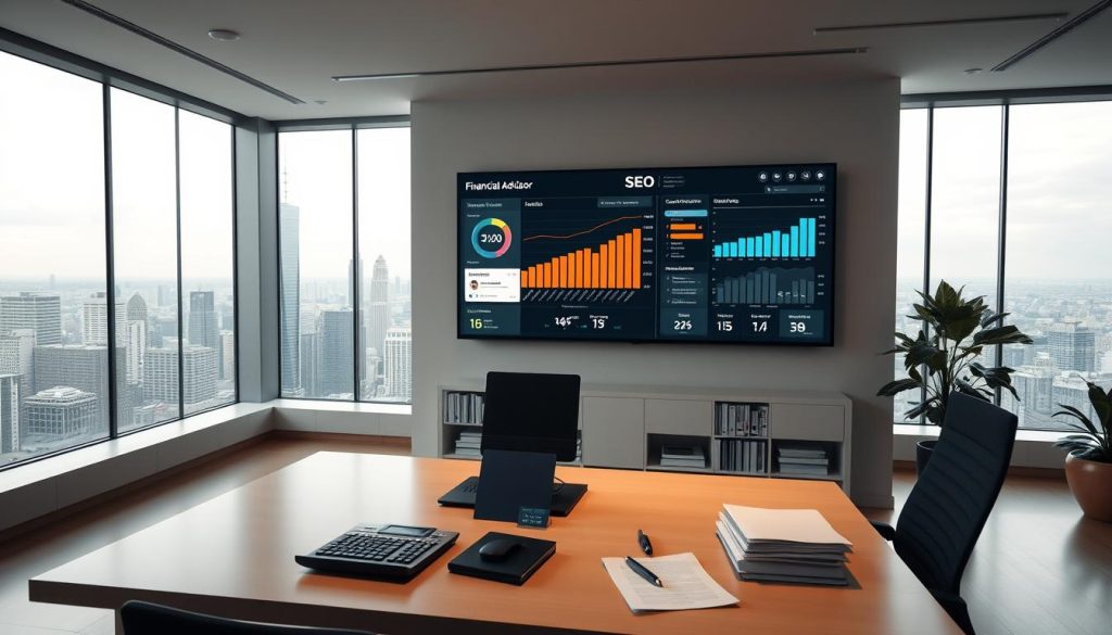 A sleek, modern office space with a minimalist design. In the foreground, a financial advisor's desk featuring a laptop, calculator, and neatly organized files. On the wall behind, a large screen displays an SEO dashboard, showcasing website traffic, keyword rankings, and other important metrics. The middle ground features bookshelves filled with financial planning resources, casting a warm, subdued lighting throughout the room. In the background, floor-to-ceiling windows offer a panoramic view of a bustling city skyline, hinting at the advisor's expertise and connection to the financial world.