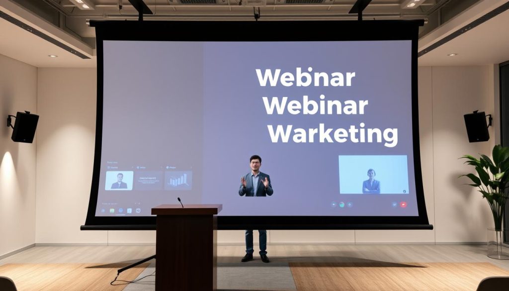 A sleek, modern online seminar setup with a large projection screen in the foreground, displaying slides on webinar marketing strategies. In the middle ground, a presenter stands at a podium, gesturing animatedly while addressing a virtual audience. The background features a minimalist office setting with clean lines, neutral tones, and subtle lighting that accentuates the professional atmosphere. The overall scene conveys a sense of expertise, engagement, and the power of digital tools to facilitate effective webinar-based marketing.