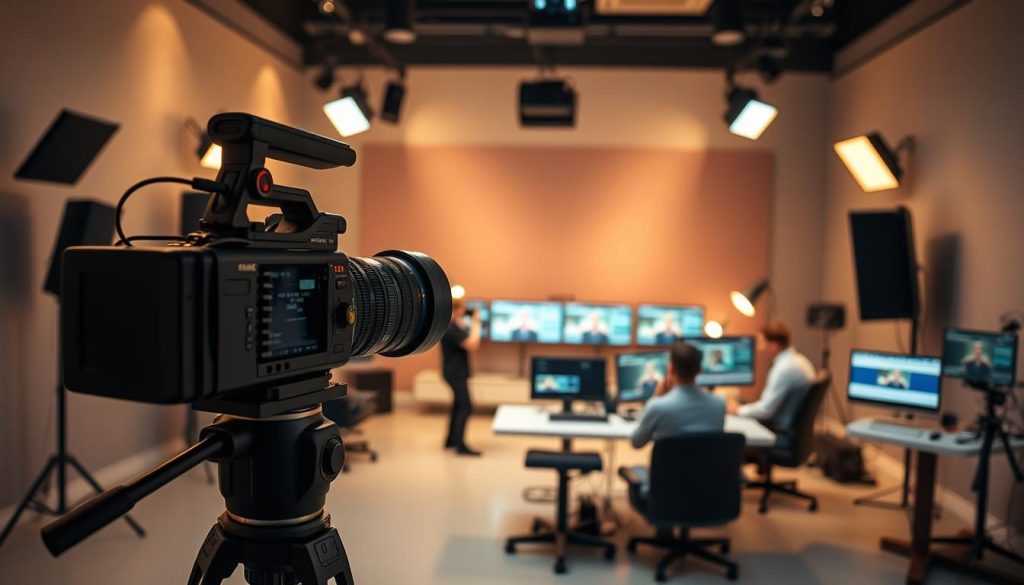 A sleek, modern video production studio with state-of-the-art equipment and lighting. In the foreground, a high-end professional camera on a tripod, its lens focused on the frame. In the middle ground, a team of videographers and editors collaborating at their workstations, surrounded by screens displaying editing software. The background features a backdrop with a subtle pattern, creating a clean, minimalist atmosphere. Warm, soft lighting illuminates the scene, casting a cozy, productive ambiance. The overall composition conveys the expertise, efficiency, and creativity of a professional video production service.