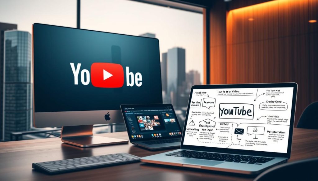 A sleek, modern workstation with a large desktop display showcasing the YouTube logo. In the foreground, a hand-drawn infographic illustrates key YouTube SEO optimization techniques, including keyword research, metadata optimization, and video tagging. The middle ground features a laptop with video editing software open, hinting at the content creation process. In the background, a city skyline with tall buildings suggests a dynamic, tech-savvy environment. Warm, directional lighting creates a professional, aspirational atmosphere, emphasizing the importance of optimizing YouTube videos for search engine visibility.