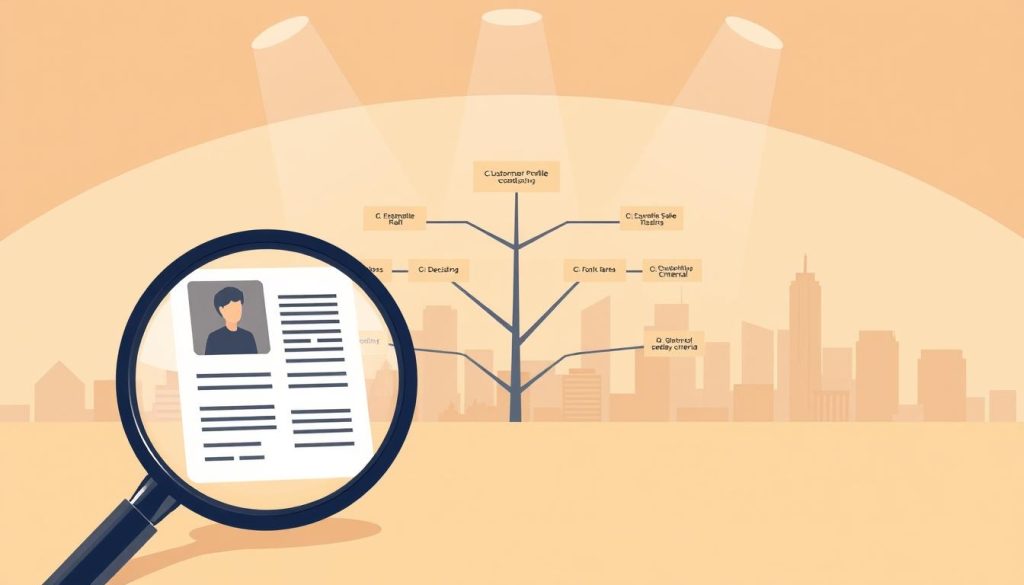 A sophisticated lead qualification process, depicted in a digital illustration. In the foreground, a magnifying glass examines a customer profile, highlighting key details. In the middle ground, a decision tree branches out, guiding the sales team through qualifying criteria. The background features a stylized cityscape, hinting at the broader business landscape. Warm, muted tones create an atmosphere of thoughtful analysis. Crisp, high-resolution rendering with a clean, minimalist aesthetic. Subtle lighting from above casts a professional, authoritative tone. Angles and perspectives guide the viewer's eye through the lead qualification workflow.