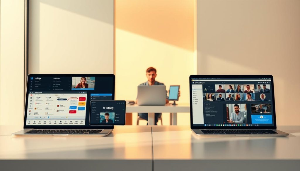 A sophisticated webinar platform comparison showcasing advanced features and user-friendly interfaces. In the foreground, various webinar tools are displayed side-by-side, their intuitive dashboards and customizable layouts inviting exploration. The middle ground depicts professionals seamlessly managing webinar sessions, their expressions focused and engaged. In the background, a sleek, minimalist setting with clean lines and subtle gradients, creating a sense of technological elegance. Warm, natural lighting illuminates the scene, highlighting the platforms' intuitive designs and powerful capabilities. A balanced composition that conveys the effortless integration of webinar technology into modern business workflows.