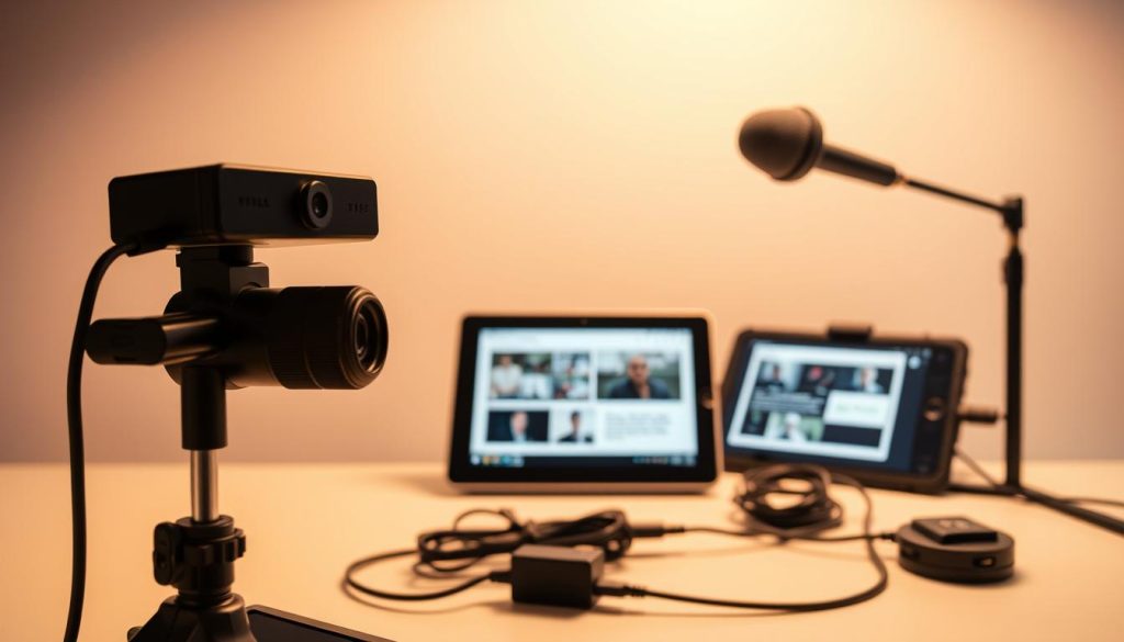 A sophisticated webinar technology setup against a sleek, minimalist backdrop. In the foreground, a high-quality webcam and a professional-grade microphone stand ready, while a tablet or laptop displays presentation slides. In the middle ground, various connectivity cables and adapters are neatly organized, conveying a sense of technological readiness. The background features a subtle, abstract pattern or gradient, creating a clean, distraction-free environment that focuses attention on the webinar tools. Warm, directional lighting illuminates the scene, casting subtle shadows and highlights to accentuate the modern, streamlined aesthetic. The overall mood is one of efficiency, professionalism, and technological prowess, perfectly suited to illustrate the "Technology and Tools for Webinars" section.
