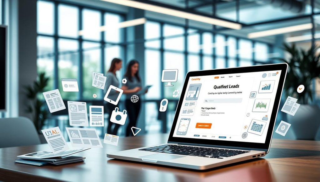A strategic content marketing campaign that effectively generates qualified leads. In the foreground, a digitally rendered laptop or tablet displaying an interactive lead capture form, surrounded by a variety of content assets such as blog posts, infographics, and videos. The middle ground features a team of digital marketers collaborating, brainstorming campaign ideas. In the background, a sleek, modern office space with large windows, allowing natural light to filter in, creating a bright and productive atmosphere. The overall mood is one of focus, innovation, and growth, conveying the power of content marketing to drive valuable lead generation.
