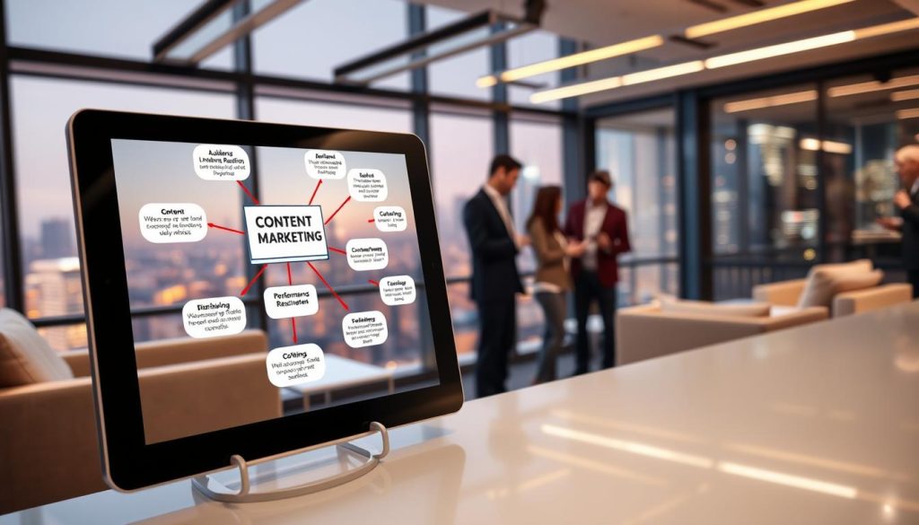 A strategic diagram depicting the core elements of a successful content marketing strategy. In the foreground, a digital tablet displays a mind map showcasing key components such as audience research, content creation, distribution, and performance measurement. In the middle ground, a team of marketing professionals collaborates, exchanging ideas and analyzing data. The background features a modern office setting with sleek furniture, vibrant lighting, and panoramic windows overlooking a bustling city skyline. The scene conveys a sense of focus, innovation, and data-driven decision-making, reflecting the analytical and collaborative nature of crafting an effective content marketing plan.