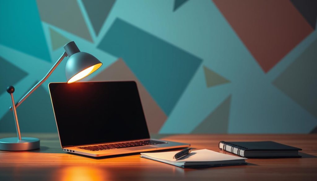 A strategically positioned desk with a laptop, pen, and notebook, bathed in warm, focused lighting against a backdrop of abstract, dynamic geometric shapes and patterns, symbolizing the thoughtful, analytical nature of content marketing strategy for ambitious businesses.