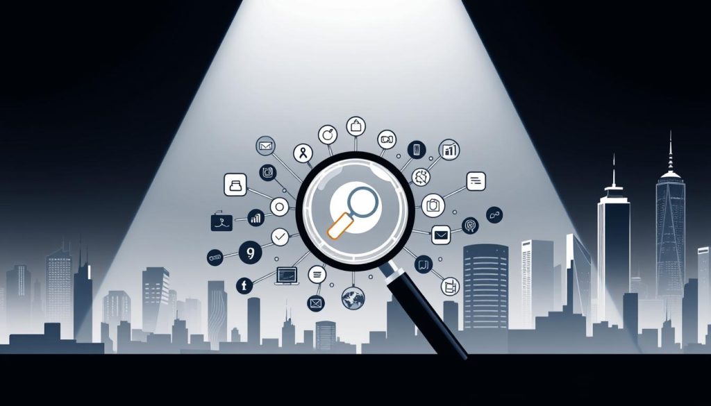 A striking, high-contrast digital illustration depicting the key elements of a comprehensive content marketing strategy. In the foreground, a central graphic of a magnifying glass, symbolizing the research and analysis at the heart of effective content planning. The middle ground features a stylized web of interconnected icons representing the diverse content types and distribution channels. In the background, a futuristic city skyline with towering data centers, conveying the digital landscape in which modern content marketing thrives. The overall scene is lit with dramatic, high-intensity lighting that casts bold shadows, creating a sense of depth and dynamism. The composition is balanced and visually compelling, capturing the complexity and importance of a well-crafted content marketing strategy.