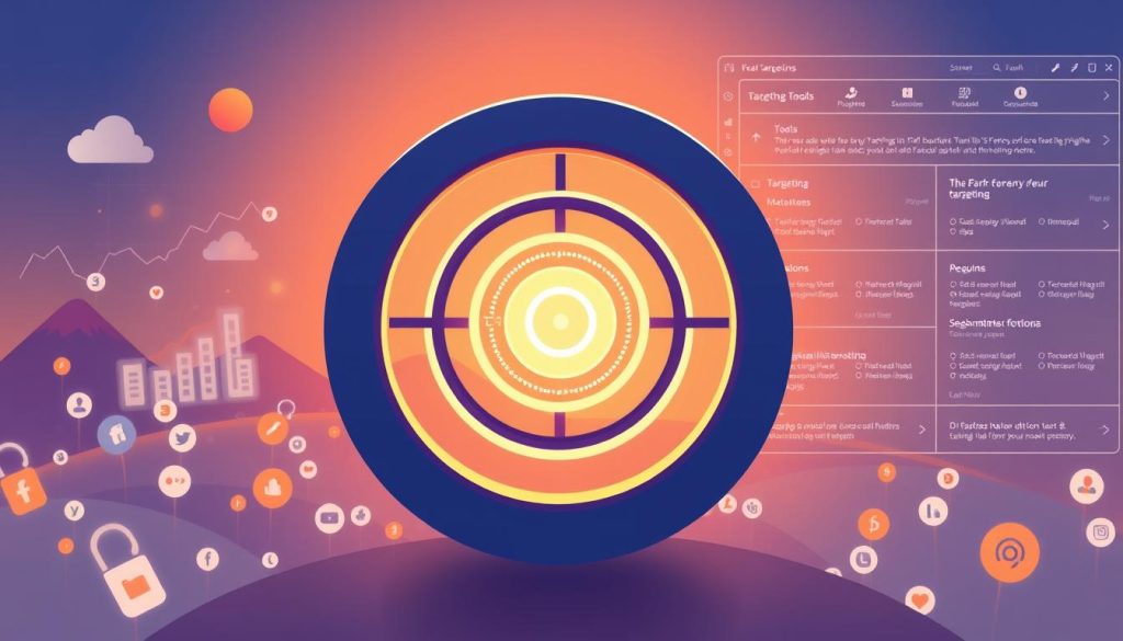 A stylized digital illustration showcasing the intricate world of Facebook ad targeting. In the foreground, a meticulously crafted target symbol hovers, its concentric rings pulsing with digital energy. The middle ground features a vibrant, data-driven landscape, with abstract graphs and charts floating amidst a sea of social media icons. In the background, a sleek, minimalist interface depicts the various targeting options and segmentation tools available to the modern digital marketer. Warm tones and a subtle gradient lend an air of sophistication, while the overall composition conveys the precision and power of effective Facebook ad targeting.