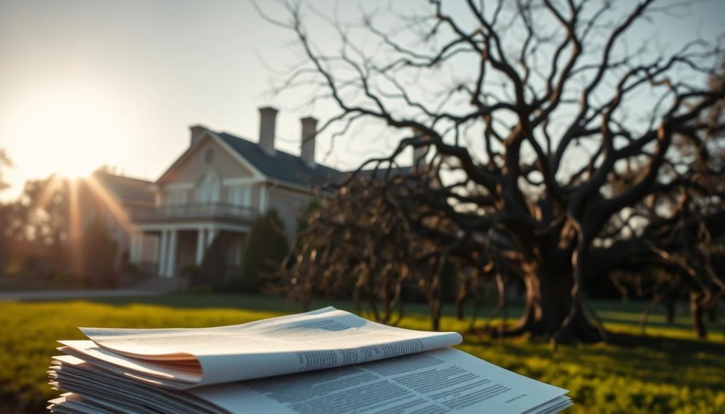 A sun-drenched suburban estate, the facade of a stately manor shrouded in the hazy afternoon light. In the foreground, a stack of legal documents, their pages fluttering in the gentle breeze, symbolizing the complex web of financial and legal considerations that estate planners must navigate. Behind them, a maze of tangled vines and gnarled tree branches, representing the challenges and obstacles inherent in the field. The atmosphere is one of contemplation and unease, as the viewer is drawn to consider the nuanced task of guiding clients through the labyrinth of estate planning. A sense of mystique and uncertainty pervades the scene, reflecting the unique marketing hurdles faced by these professionals.
