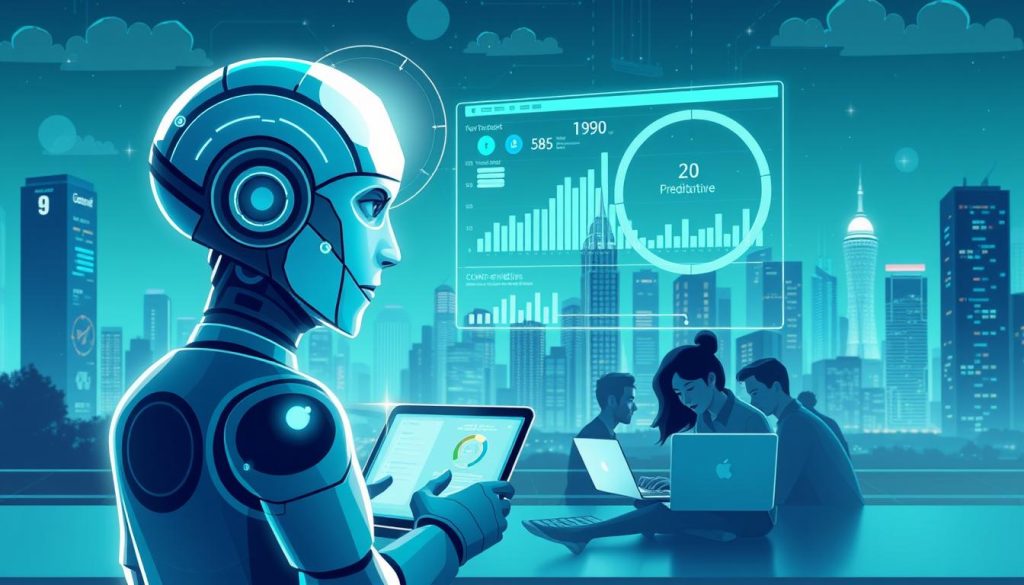 A thought-provoking digital illustration showcasing the intersection of artificial intelligence and modern content marketing. In the foreground, a stylized AI assistant, resembling a futuristic android, interfaces with a sleek, holographic dashboard displaying content metrics and analytics. The middle ground features a creative team brainstorming ideas, their laptop screens reflecting the AI's predictive insights. In the background, a cityscape of towering skyscrapers symbolizes the scale and dynamism of the digital marketing landscape. The scene is bathed in a cool, neon-tinged lighting, creating a sense of technological innovation and progress. The overall composition conveys the transformative power of AI in elevating content strategy and driving business success in the modern era.