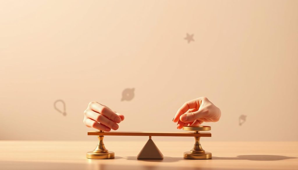A thoughtful illustration of AI content marketing ethics, set against a serene, minimalist backdrop. In the foreground, a pair of hands carefully balancing a scale, symbolizing the delicate balance between effective marketing and ethical practices. The middle ground features abstract AI-generated shapes and patterns, hinting at the technological complexities involved. The background is a soft, muted gradient, conveying a sense of introspection and contemplation. Warm, natural lighting illuminates the scene, creating a sense of calm and clarity. Captured with a wide-angle lens to give a sense of depth and perspective to the composition.