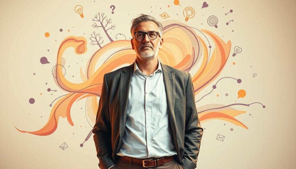 A thoughtful leader standing confidently, surrounded by a swirling vortex of ideas and insights. Warm, natural lighting illuminates their determined expression, casting a glow upon the flowing, abstract shapes that represent the power of their intellectual contribution. The composition is balanced, with a clean, minimalist background that allows the subject to take center stage, commanding attention and radiating an aura of authority and expertise.