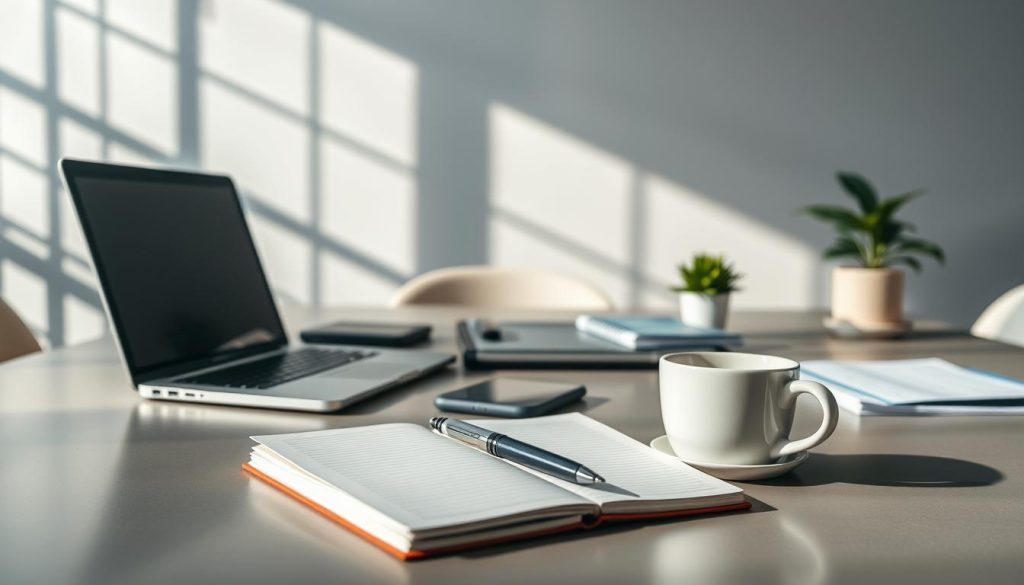 A tranquil office setting, with a desk showcasing a laptop, smartphone, and other digital devices. The background features a wall with minimalist geometric patterns, casting a soft, diffused light across the scene. The foreground highlights a meticulously organized notebook, a cup of coffee, and a pen – all symbolizing the careful planning and strategy needed for effective social media engagement. Subtle hints of greenery, such as a potted plant, add a touch of natural freshness to the composition. The overall mood is one of focus, efficiency, and a sense of control, reflecting the strategic approach required for successful social media marketing.