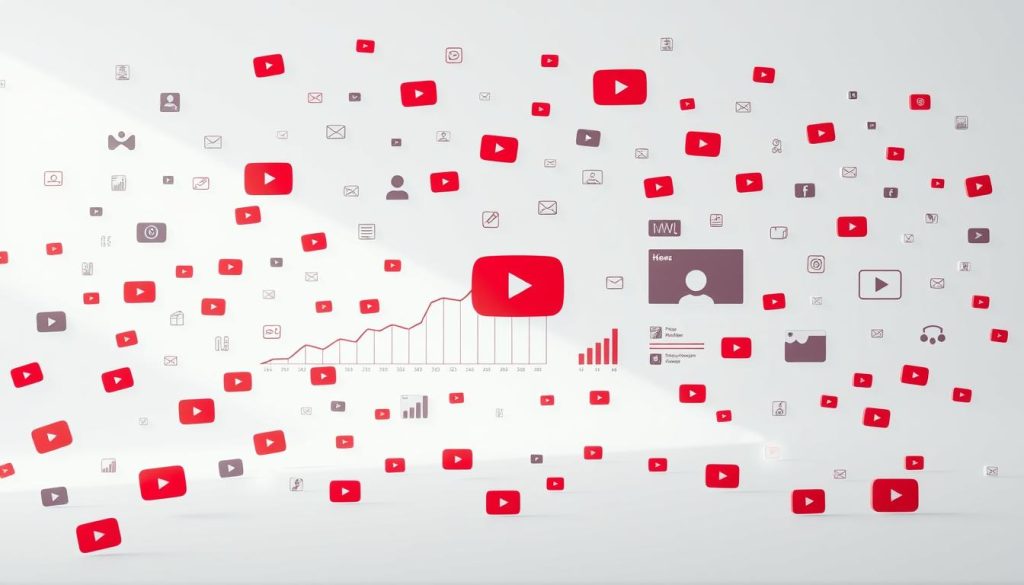 A vast array of YouTube icons, video thumbnails, and analytics charts float against a minimalist white backdrop, illuminated by soft, directional lighting. In the foreground, a central data visualization depicts the exponential growth of YouTube's user base and video views, conveying the platform's sheer scale and potential for impactful marketing. The middle ground showcases various YouTube marketing tactics, such as influencer collaborations, video optimization, and ad placements, depicted with clean, geometric shapes. In the background, a subtle grid pattern suggests the interconnected nature of YouTube's algorithm and the importance of strategic planning. The overall mood is one of professionalism, innovation, and the transformative power of YouTube as a marketing channel.