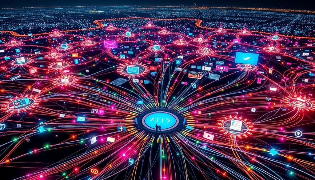 A vast, expansive network of channels and platforms, each with its own unique flow of digital content, weaving together a comprehensive content distribution strategy. In the foreground, a central hub showcases various media formats - articles, videos, infographics - pulsing with vibrant colors and dynamic energy. Surrounding this, a labyrinth of interconnected pathways, each leading to targeted audiences on social media, email, search engines, and beyond. The middle ground depicts a team of content creators and marketers, collaborating to optimize this intricate system, fine-tuning each element for maximum impact. In the background, a panoramic view of the digital landscape, a constantly evolving terrain of emerging trends and evolving consumer behaviors, guiding the strategic decisions that shape this comprehensive content distribution plan.