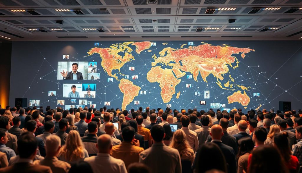 A vast, interconnected world with people from diverse backgrounds gathered in a virtual conference. In the foreground, a seamless digital interface showcases real-time video feeds and interactive presentation slides, inviting global participants to engage. The middle ground depicts a dynamic, colorful array of avatars and video windows, representing the international attendees. In the background, a stylized world map pulses with connectivity, symbolizing the boundless opportunities for collaboration and idea-sharing across geographical borders. Warm, diffused lighting creates a sense of unity and shared purpose, while a clean, minimalist aesthetic emphasizes the power of technology to transcend physical limitations and unite a global audience.