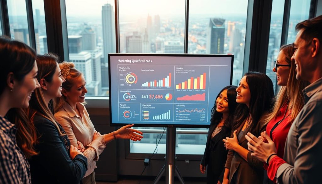 A vibrant and dynamic business scene depicting marketing qualified leads. In the foreground, a group of diverse professionals engaged in lively discussion, their expressions conveying a sense of enthusiasm and collaboration. In the middle ground, a sleek presentation screen displays key metrics and insights, illuminated by warm, directional lighting that highlights the data visualization. The background features a modern office environment, with floor-to-ceiling windows offering a panoramic view of a bustling cityscape. The overall atmosphere is one of productivity, innovation, and the forward momentum of a successful marketing strategy.