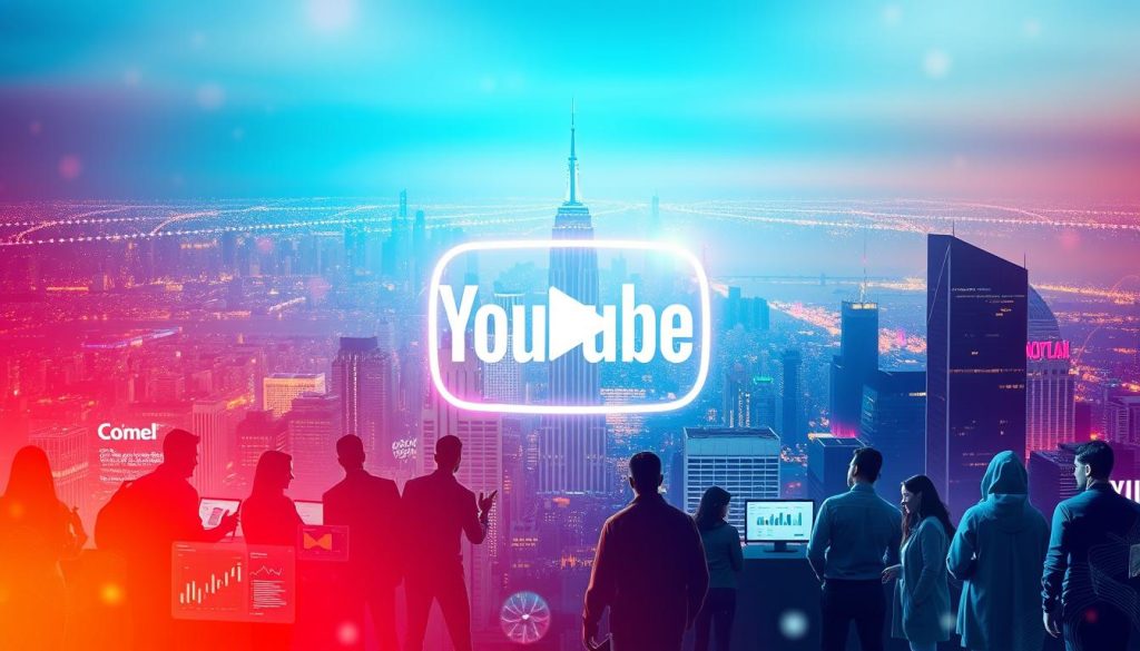 A vibrant and dynamic digital landscape featuring a central focus on a glowing YouTube logo. The foreground showcases a group of diverse individuals engaged in various marketing activities - analyzing data, creating content, and strategizing campaigns. The middle ground depicts a bustling city skyline with towering buildings and a pulsing energy, symbolizing the vast reach and impact of YouTube marketing. The background is a vibrant gradient of colors, evoking the sense of endless possibilities and growth inherent in effective YouTube-based digital marketing. The lighting is soft yet impactful, casting a warm glow over the entire scene and conveying a sense of optimism and opportunity. The overall mood is one of excitement, innovation, and the transformative power of YouTube as a marketing platform.
