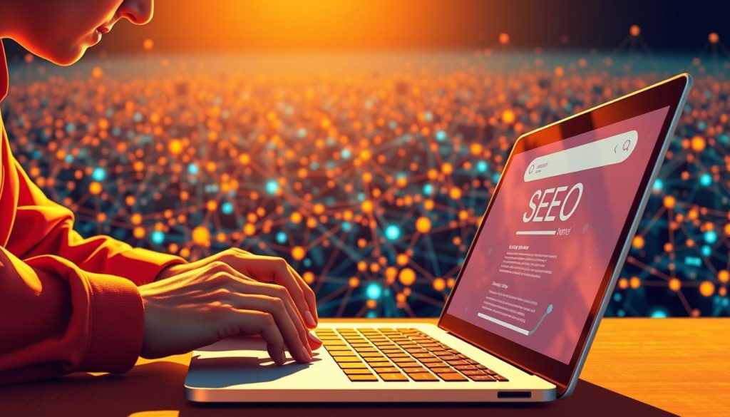 A vibrant and dynamic illustration depicting the symbiotic relationship between content marketing and SEO. In the foreground, a writer diligently crafts compelling, SEO-optimized content, their fingers dancing across a sleek laptop keyboard. In the middle ground, search engine algorithms analyze the content, identifying key trends and insights. In the background, a vast, interconnected digital landscape pulses with activity, representing the ever-evolving world of online search and discoverability. Warm, golden lighting bathes the scene, conveying a sense of productivity and progression. The composition is sharp, with a cinematic, wide-angle perspective that emphasizes the harmony between these two essential digital marketing disciplines.