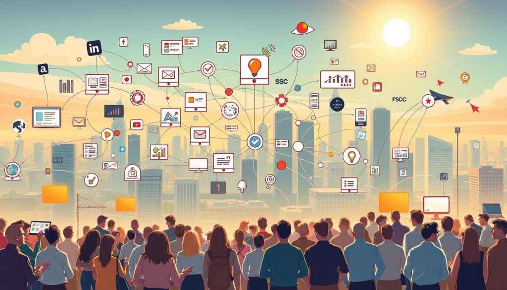 A vibrant and dynamic illustration of a lead generation strategy. In the foreground, a diverse group of potential customers engage with various touchpoints, such as targeted social media ads, email campaigns, and interactive webinars. The middle ground features a sprawling network of connections, data insights, and lead nurturing techniques, all working in harmony to convert leads into valuable opportunities. In the background, a city skyline with towering buildings and a bright, energetic atmosphere sets the scene. The entire composition is bathed in a warm, golden light, conveying a sense of success and growth. The overall mood is one of productivity, innovation, and a clear path to business expansion.