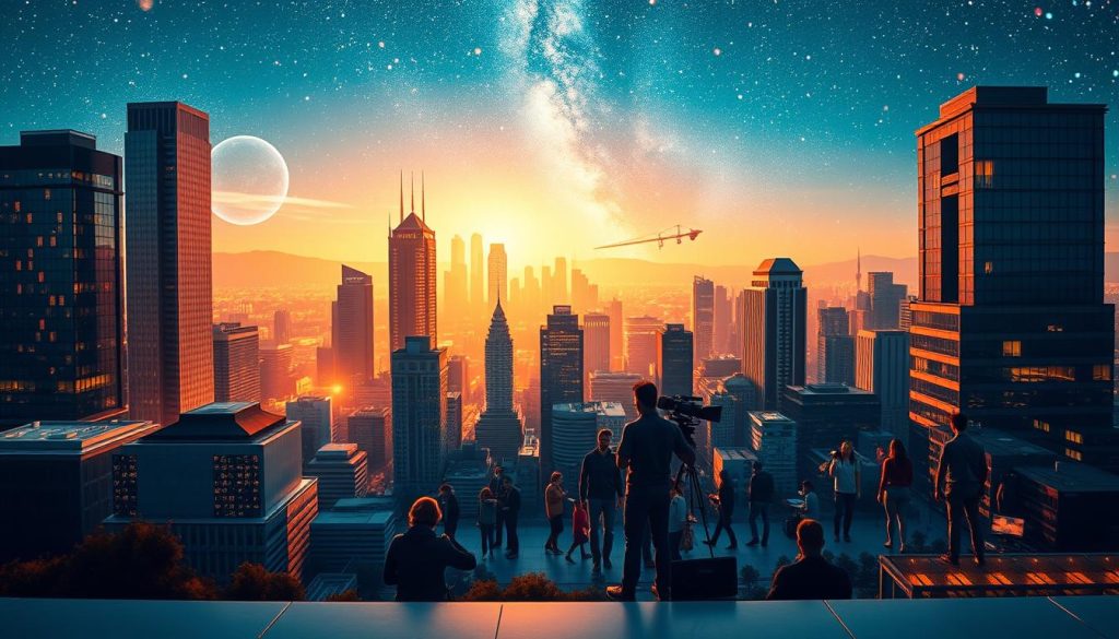 A vibrant and dynamic landscape, showcasing the power of content marketing. In the foreground, a thriving business hub, with skyscrapers and modern architecture bathed in warm, golden light. In the middle ground, a diverse community of individuals engaged in various content creation activities, from filming videos to writing blog posts. The background features a starry night sky, symbolizing the vast potential and reach of effective content marketing strategies. The scene is captured through a wide-angle lens, emphasizing the interconnectedness and synergy of all the elements. The overall mood is one of success, progress, and the sense of a well-orchestrated, data-driven marketing ecosystem.