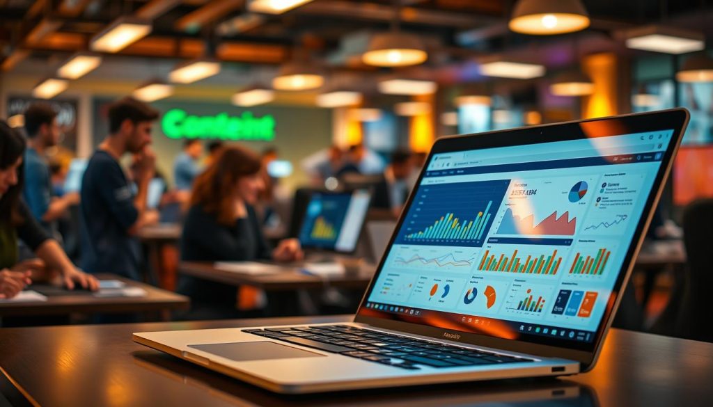 A vibrant and dynamic scene depicting the benefits of content marketing automation. In the foreground, a sleek laptop with a gleaming screen showcases a data visualization dashboard, its colorful charts and graphs illustrating the real-time insights and analytics powering content optimization. In the middle ground, a team of marketers collaborate seamlessly, their fingers dancing across keyboards as they craft targeted, personalized content with the aid of intelligent automation tools. The background is a bustling office environment, filled with the hum of productivity and the glow of screens, all bathed in warm, ambient lighting that conveys a sense of efficiency and progress. The overall mood is one of empowerment, innovation, and the seamless integration of human creativity and technological innovation.
