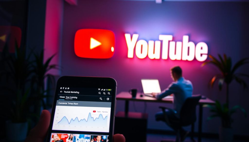 A vibrant and dynamic scene depicting the core concepts of YouTube marketing. In the foreground, a smartphone displaying analytics data and video thumbnails, conveying the importance of understanding viewer engagement and content optimization. The middle ground features a person sitting at a desk, intently focused on a laptop screen, symbolizing the strategic planning and execution of a successful YouTube marketing campaign. In the background, the YouTube logo hovers, casting a warm glow and serving as a constant reminder of the platform's significance. The overall atmosphere is one of clarity, efficiency, and a sense of empowerment, with the lighting and camera angle suggesting a professional, yet approachable, environment.
