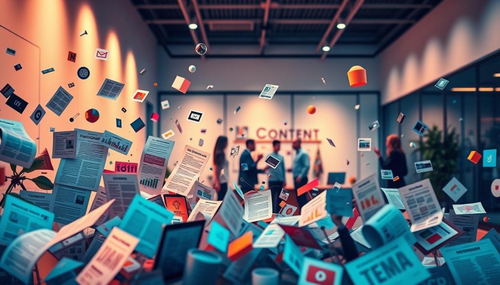 A vibrant and dynamic scene depicting the essence of content marketing. In the foreground, an array of media types - articles, infographics, videos, and social media posts - flow and intertwine, each brimming with engaging content. In the middle ground, a team of creative professionals collaborate, brainstorming ideas and crafting compelling narratives. The background features a sleek, minimalist office setting, bathed in warm, focused lighting that highlights the collaborative energy. The overall atmosphere conveys a sense of strategic purpose, innovation, and the power of effective content to drive business success.
