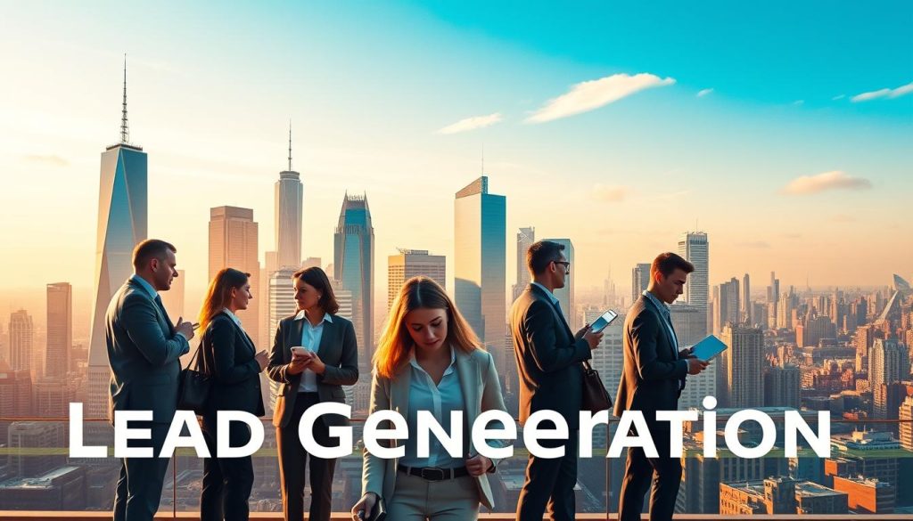 A vibrant and dynamic visual representation of effective lead generation strategies. An urban landscape with skyscrapers and a bustling city in the background, symbolizing a thriving business environment. In the foreground, a group of professionals engaged in various lead generation activities, such as networking, cold calling, and digital marketing, captured in a cinematic, realistic style using a wide-angle lens and dramatic lighting to convey a sense of energy and purpose. The scene is enhanced by a warm, golden-hour glow, creating a sense of optimism and success. The overall composition and details aim to inspire and motivate the viewer to explore innovative lead generation tactics for sustainable business growth.