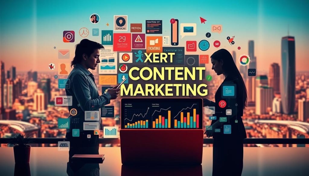 A vibrant and dynamic visual representation of expert content marketing techniques. In the foreground, a creative team collaborating on a content strategy, surrounded by a collage of digital assets - infographics, social media posts, videos, and blog articles. In the middle ground, a laptop displays analytics and performance metrics, highlighting the data-driven approach. The background features a cityscape, symbolizing the global reach and impact of effective content marketing. Warm lighting casts a professional, innovative atmosphere, with a focus on collaboration, creativity, and measurable results.