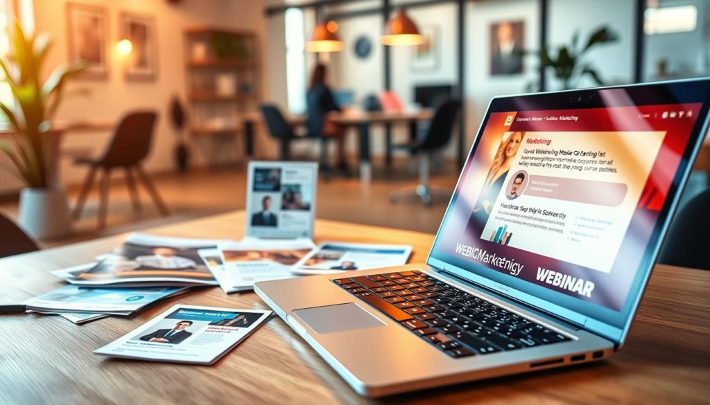 A vibrant and dynamic webinar marketing scene, captured in a wide-angle lens. In the foreground, a sleek laptop displays a captivating webinar presentation, its screen illuminated by warm, golden lighting. In the middle ground, a thoughtfully curated array of marketing materials, including brochures, flyers, and a strategic social media post, creates a sense of an integrated, multi-channel approach. The background features a backdrop of modern, minimalist office decor, hinting at a professional, yet inviting atmosphere conducive to online course sales. The overall mood evokes a sense of enthusiasm, expertise, and a well-executed webinar marketing strategy.