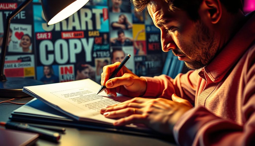 A vibrant, artistic image depicting the techniques of crafting effective ad copy. In the foreground, a skilled copywriter, pen in hand, meticulously crafts captivating phrases on a crisp white page, their face illuminated by the soft glow of a desk lamp. In the middle ground, a collage of engaging visual elements - bold typography, striking color palettes, emotive imagery - captures the attention-grabbing nature of compelling ad copy. The background suggests a dynamic, fast-paced advertising landscape, with a cityscape or creative studio setting providing an inspirational backdrop. The overall mood is one of focus, creativity, and the power of well-executed marketing communication. Captured with a cinematic, high-contrast lighting style and a slightly tilted camera angle to convey a sense of energy and dynamism.