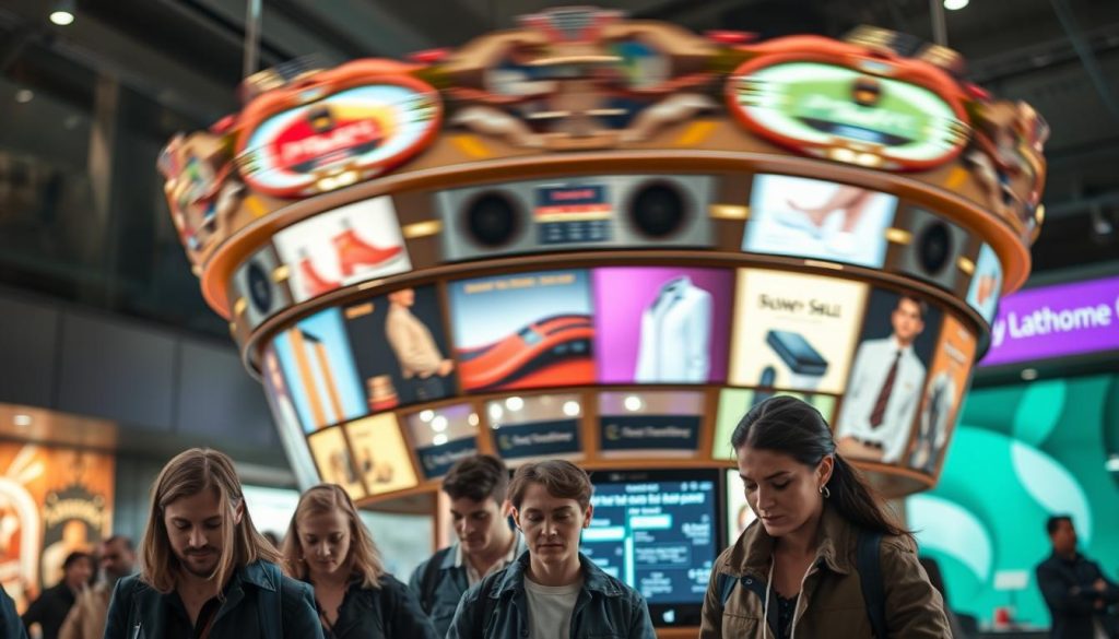 A vibrant carousel of digital advertisements, each panel showcasing a unique product or service. The carousel spins gracefully, its motion captured in a crisp, cinematic frame. Soft, directional lighting adds depth and dimensionality, casting dramatic shadows that accentuate the curvature of the carousel structure. In the foreground, a diverse array of potential customers, their expressions engaged and intrigued, navigate the carousel's interactive interface. The middle ground features a sleek, minimalist user interface, seamlessly integrating with the carousel's elegant design. The background blurs softly, hinting at a modern, technology-driven environment, setting the stage for a captivating and immersive advertising experience.