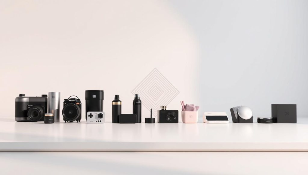 A vibrant carousel-style ad image, showcasing a lineup of dynamic product shots. The foreground features an arrangement of high-quality product renderings, captured in a clean, studio-like setting with soft, directional lighting that accentuates their sleek, modern designs. The middle ground introduces a subtle, geometric pattern or texture that adds visual interest and depth, while the background seamlessly blends into a minimalist, neutral color palette to keep the focus on the products. The overall composition is balanced, visually striking, and conveys a sense of premium quality and refined elegance suitable for a carousel ad targeting a discerning audience.