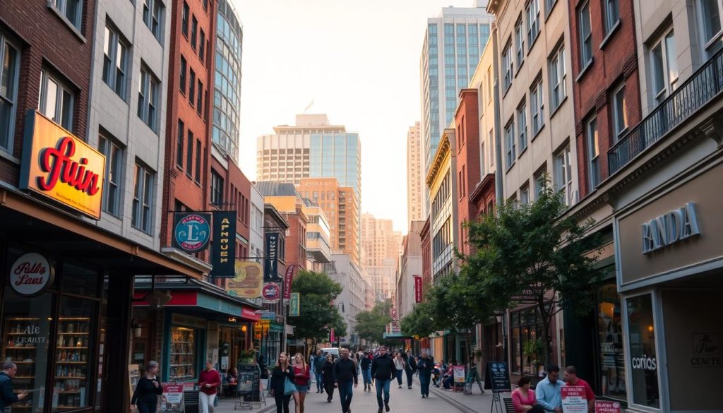 A vibrant cityscape with a bustling street in the foreground, lined with local shops and cafes. In the middle ground, pedestrians stroll past colorful store fronts, each displaying unique signage and branding. In the background, a mix of modern and historic buildings rise up, casting warm, golden light across the scene. The overall mood is one of energy, community, and a sense of local identity and pride.