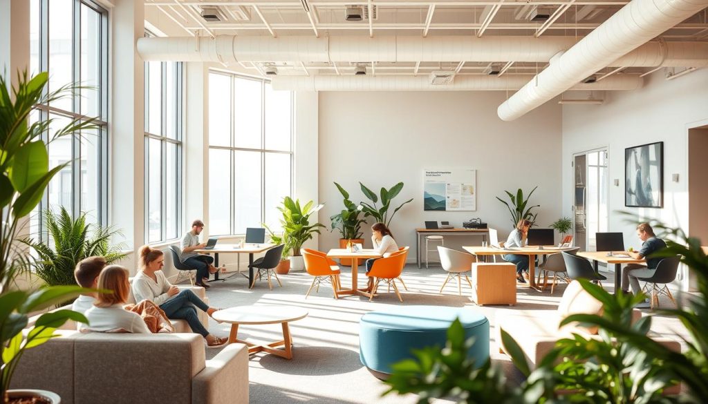 A vibrant, collaborative learning environment with adaptable workspaces, surrounded by natural elements. Soft lighting filters through large windows, creating a calming, inviting atmosphere. In the foreground, flexible seating arrangements encourage interaction and knowledge-sharing. The middle ground features a mix of standing desks, lounge areas, and modular furniture, allowing attendees to find their optimal working setup. In the background, verdant plants and soothing wall art contribute to a sense of balance and mindfulness. The overall scene conveys a modern, innovative space that fosters engagement, productivity, and a seamless learning experience for webinar attendees.