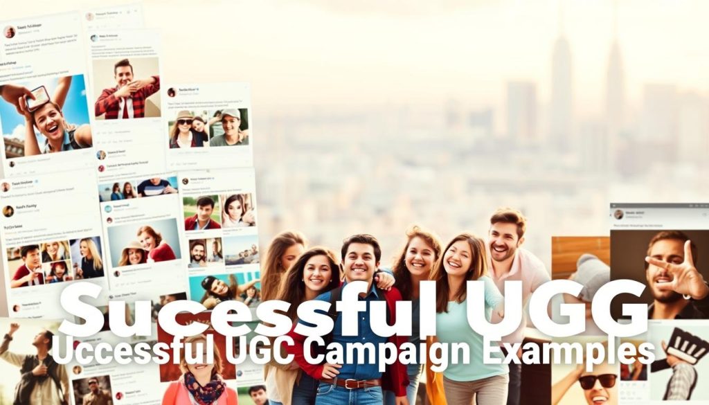 A vibrant collage of user-generated content examples, showcasing a diverse range of engaging visuals. In the foreground, a collection of social media posts, product reviews, and customer photos, presented with a modern, minimalist aesthetic. The middle ground features a group of people enthusiastically sharing their experiences, their faces and expressions conveying the authentic, genuine nature of user-generated content. In the background, a soft, blurred cityscape or natural landscape sets a serene, aspirational tone, hinting at the broader reach and impact of successful UGC campaigns. Warm, natural lighting and a subtle color palette lend an inviting, relatable feel to the scene, capturing the essence of "Successful UGC Campaign Examples".