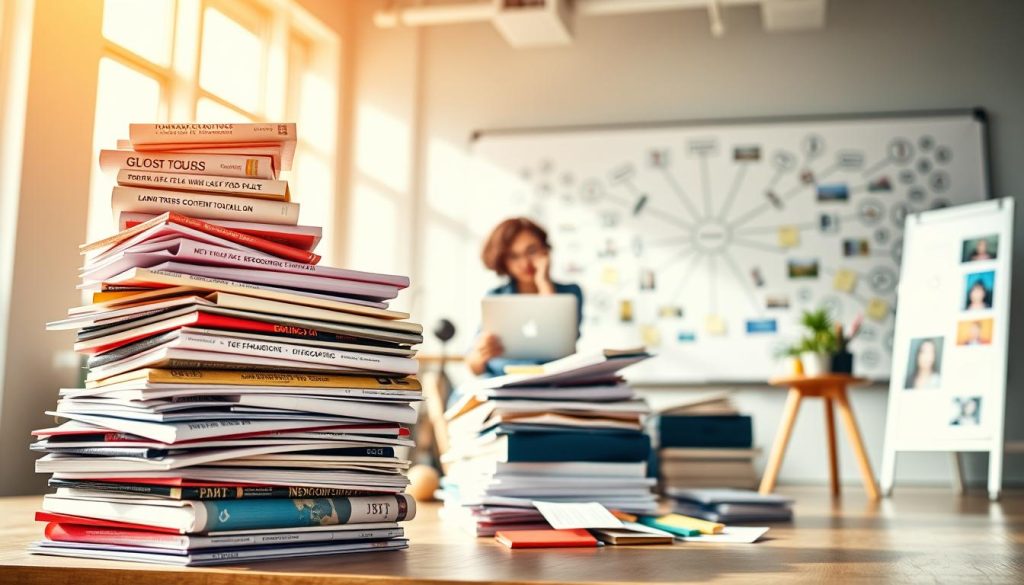 A vibrant collage showcasing a content repurposing strategy, captured in a bright, airy studio setting. In the foreground, a stack of diverse content assets - blog posts, videos, infographics, and social media posts - symbolizing the wealth of material to be repurposed. The middle ground features a person thoughtfully arranging and curating the content, considering how to breathe new life into existing pieces. In the background, a whiteboard displays a mind map of ideas, highlighting the interconnected nature of a successful content repurposing approach. Warm, natural lighting illuminates the scene, conveying a sense of creativity and productivity.