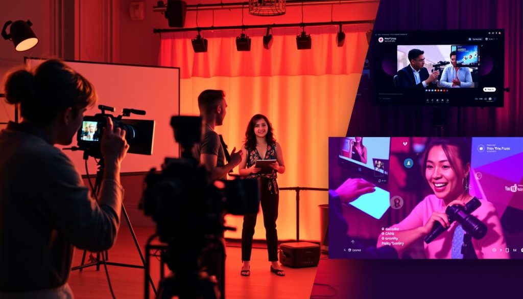 A vibrant collage showcasing the diverse types of YouTube videos for marketing. In the foreground, a vlogger recording a tutorial with professional lighting and camera angles. In the middle ground, an influencer filming a product review with an elegant setup. In the background, a live-streamer hosting an interactive Q&A session, with dynamic visuals and overlays. The scene is bathed in a warm, cinematic tone, capturing the energy and potential of YouTube as a powerful marketing platform.